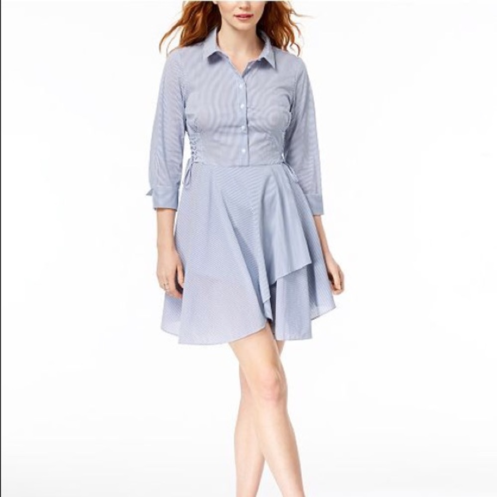 NWT Bar III blue stripe half button flounce dress